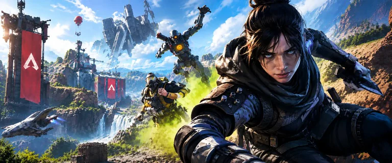 Apex Legends Kings Canyon artwork with Wraith, Pathfinder, and Caustic.